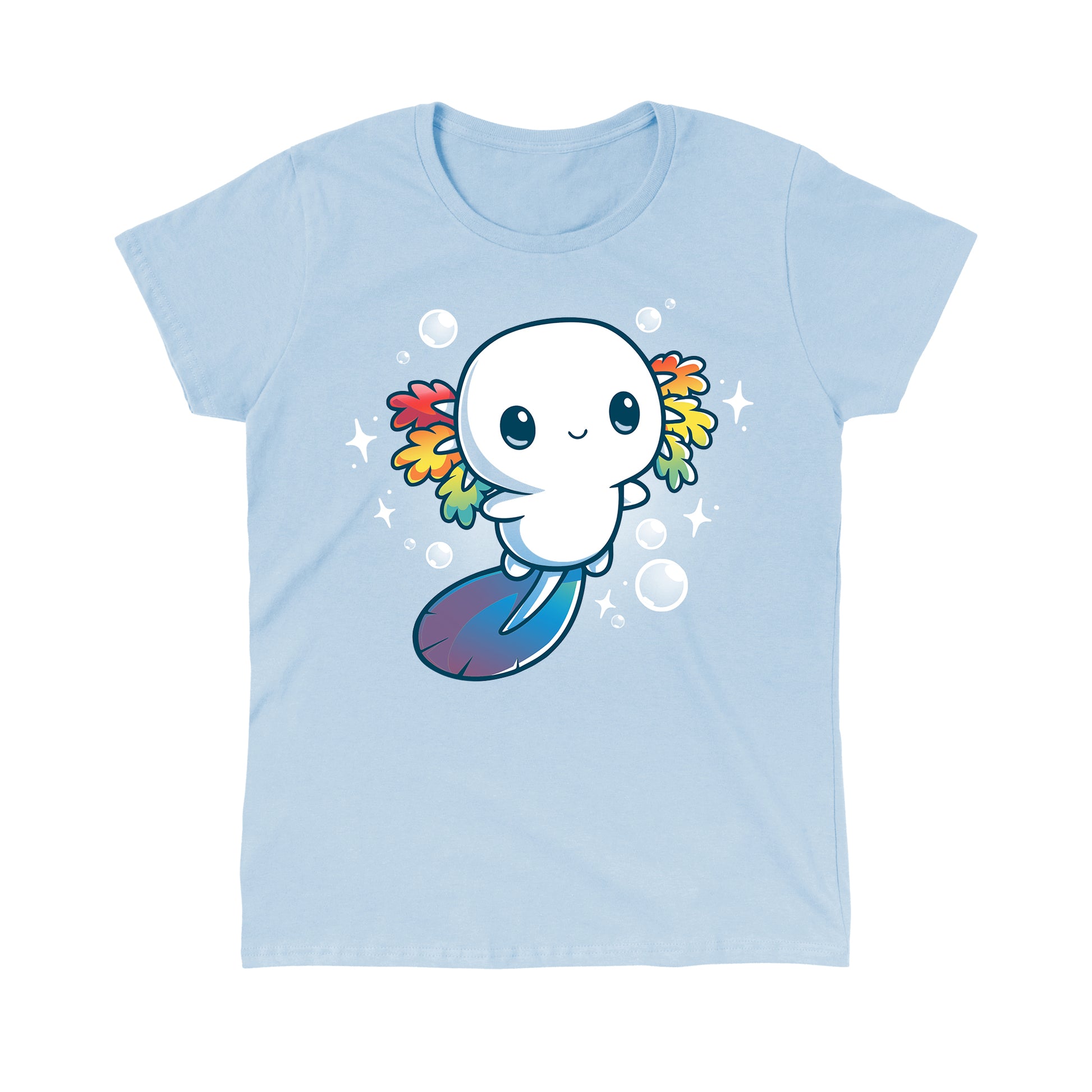 Classic Cotton T-shirt_TeeTurtle Rainbow Axolotl light blue t-shirt featuring an illustration of a smiling white axolotl with rainbow fins and gradient blue tail surrounded by stars and bubbles.