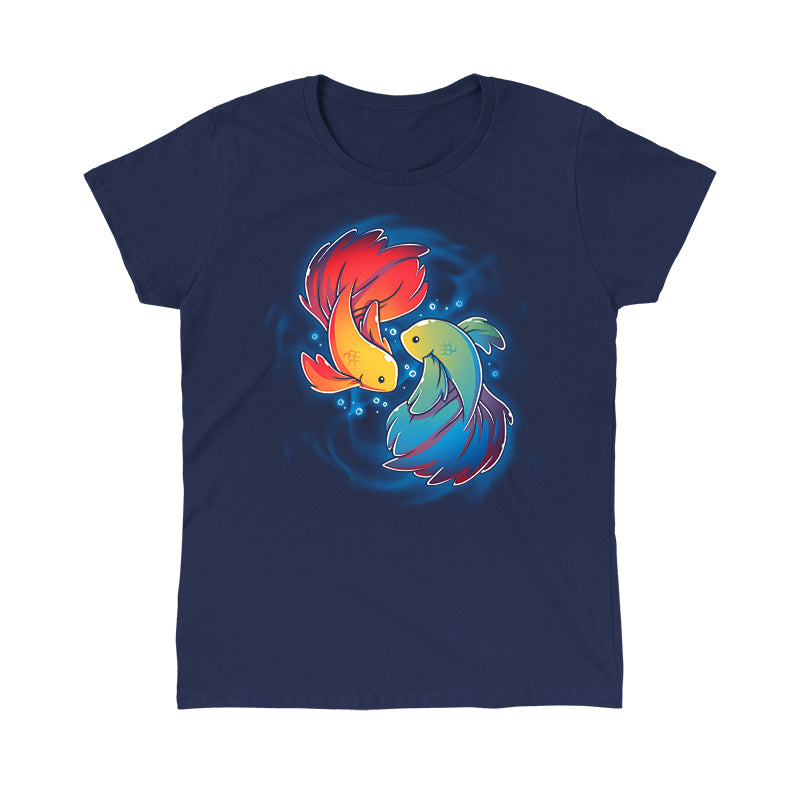 Classic Cotton T-shirt_TeeTurtle Rainbow Betta navy blue t-shirt featuring two colorful Rainbow Betta fish displaying their pride colors swimming in a circular pattern.