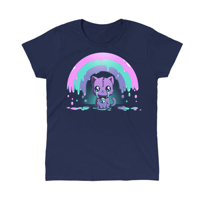 Classic Cotton T-shirt_TeeTurtle Rainbow Crying Cat navy blue t-shirt featuring a cute purple cat with large eyes and a spooky stitched forehead, sitting under a dripping pink, green, and purple rainbow.