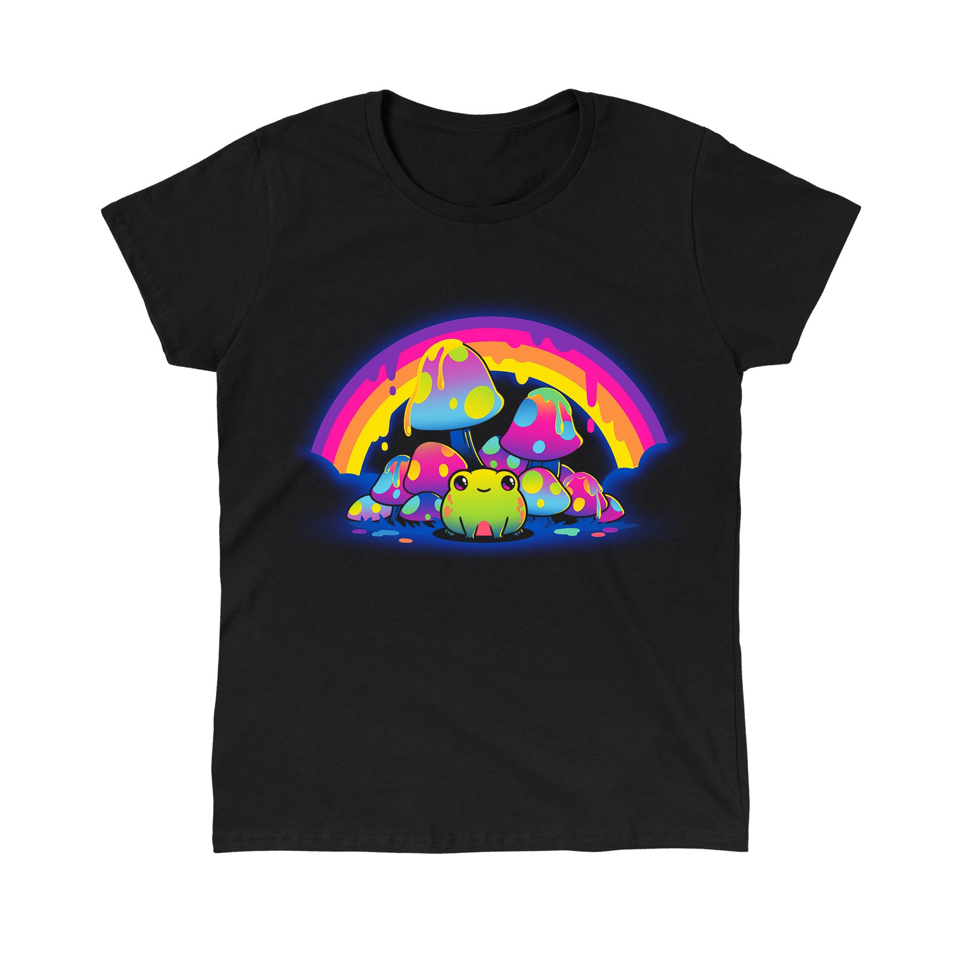 Classic Cotton T-shirt_TeeTurtle Rainbow Drip black t-shirt featuring a smiling frog sitting among colorful, spotted mushrooms with a dripping rainbow arching overhead.