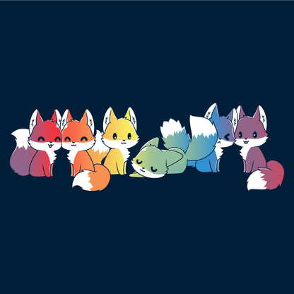 Pullover Hoodie_Illustration of seven cartoon foxes in a line, each in a different color: red, orange, yellow, green, blue, indigo, and purple against a dark background on a Navy Blue apparel from monsterdigital's Rainbow Foxes collection.