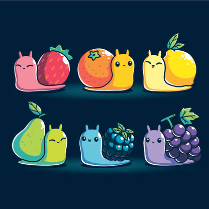 Crew Neck Sweatshirt_TeeTurtle Rainbow Fruit Snails navy blue t-shirt featuring six colorful rainbow fruit snails with fruit shells: strawberry, orange, lemon, pear, blackberry, and grape.