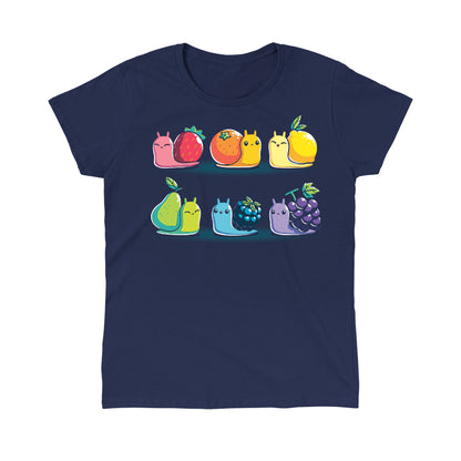 Classic Cotton T-shirt_TeeTurtle Rainbow Fruit Snails navy blue t-shirt featuring six colorful rainbow fruit snails with fruit shells: strawberry, orange, lemon, pear, blackberry, and grape.