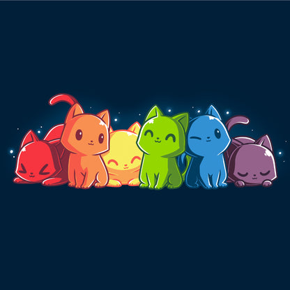 Long Sleeve T-shirt_TeeTurtle navy blue Rainbow Kitties. Featuring a row of kittens in a rainbow color sequence.