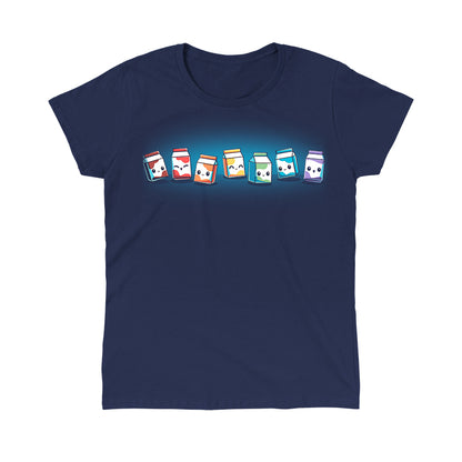 Classic Cotton T-shirt_TeeTurtle rainbow milk navy blue T-shirt featuring A row of six milk cartons, each with a different facial expression and color.