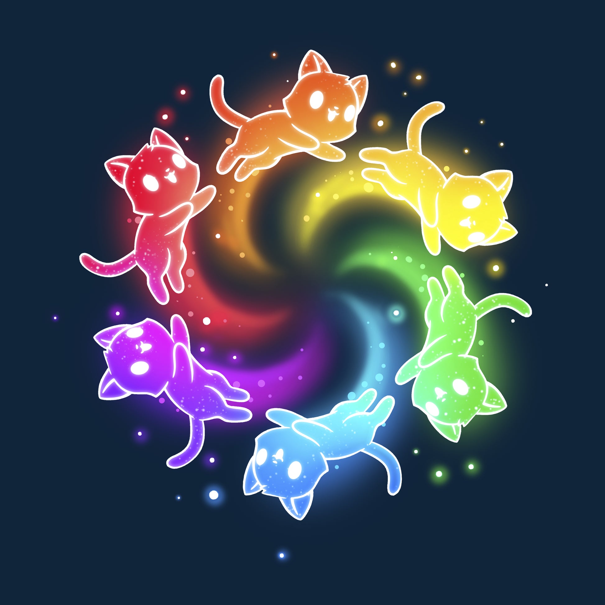 Pullover Hoodie_TeeTurtle navy blue Rainbow Space Cats apparel featuring rainbow cats running in a circle trailing sparkles.