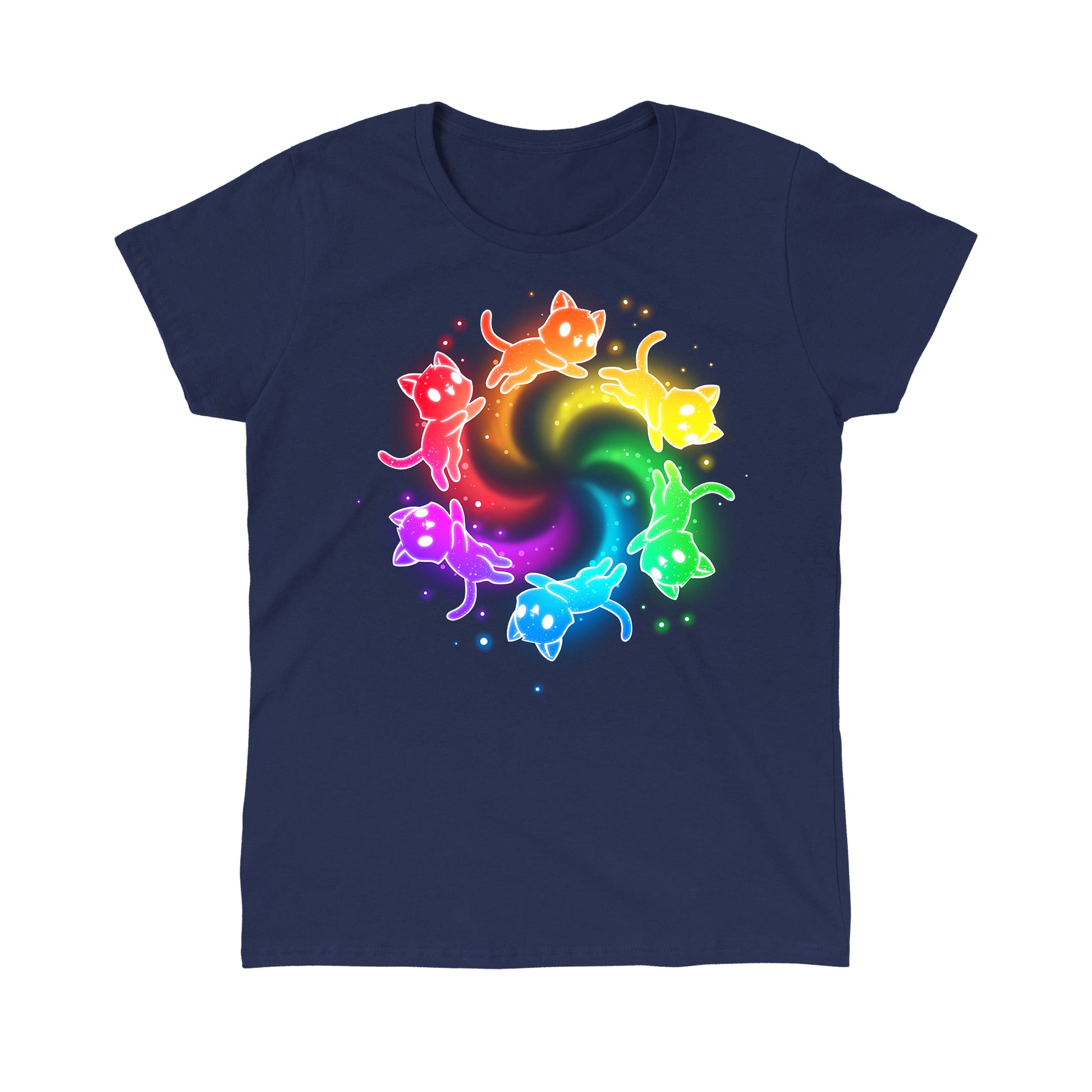 Classic Cotton T-shirt_TeeTurtle navy blue Rainbow Space Cats apparel featuring rainbow cats running in a circle trailing sparkles.