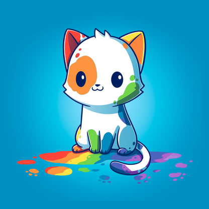 Classic Cotton T-shirt_TeeTurtle Rainbow Cat Sapphire Blue t-shirt featuring an illustration of a white cartoon kitten with colorful paint splashes on its body, sitting on a floor with rainbow-colored paint drops around it. 