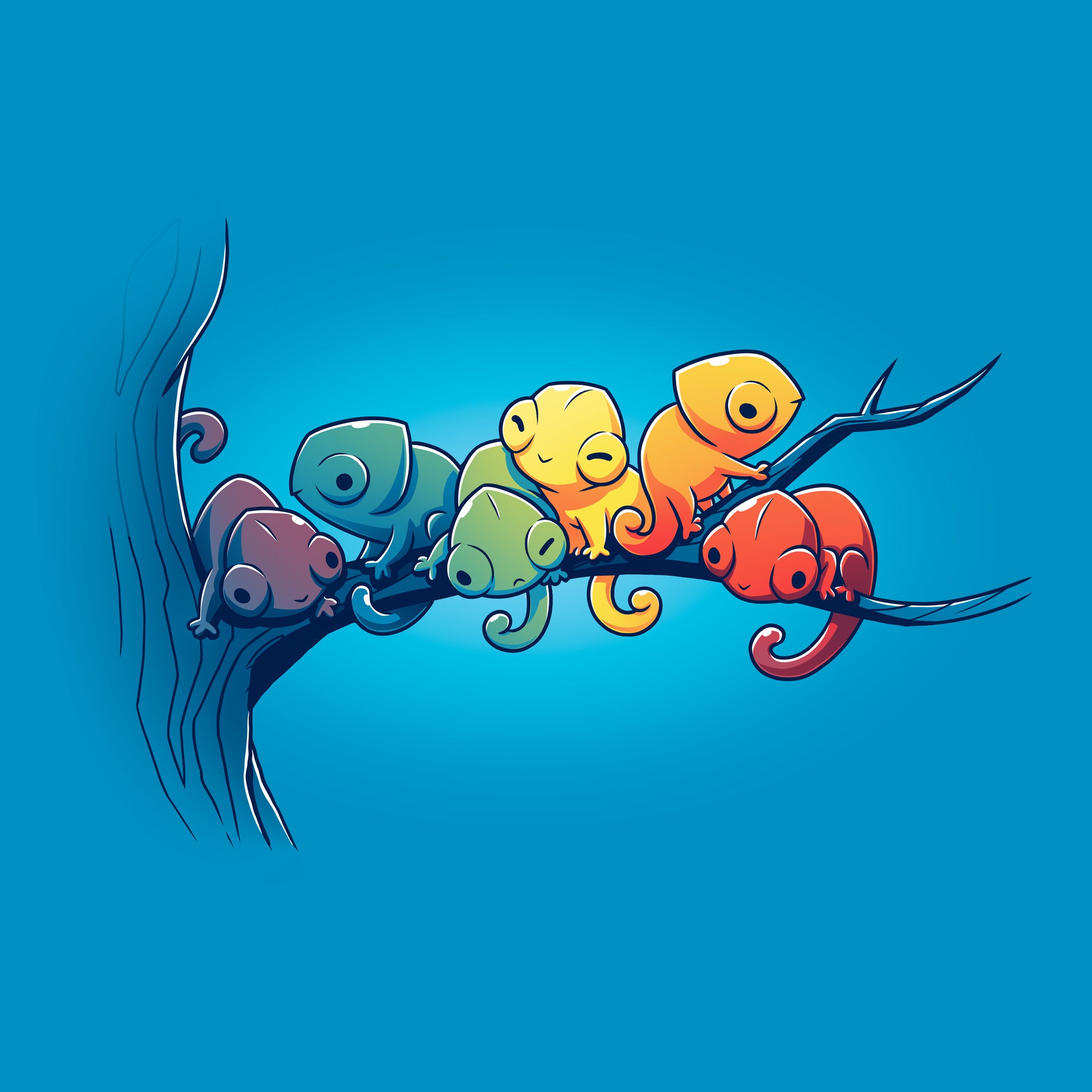 Classic Cotton T-shirt_Teeturtle Rainbow Chameleons Sapphire Blue Featuring a group of six chameleons relaxing on a tree branch, each a different color.