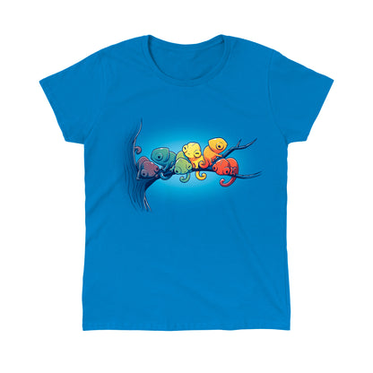 Classic Cotton T-shirt_Teeturtle Rainbow Chameleons Sapphire Blue Featuring a group of six chameleons relaxing on a tree branch, each a different color.