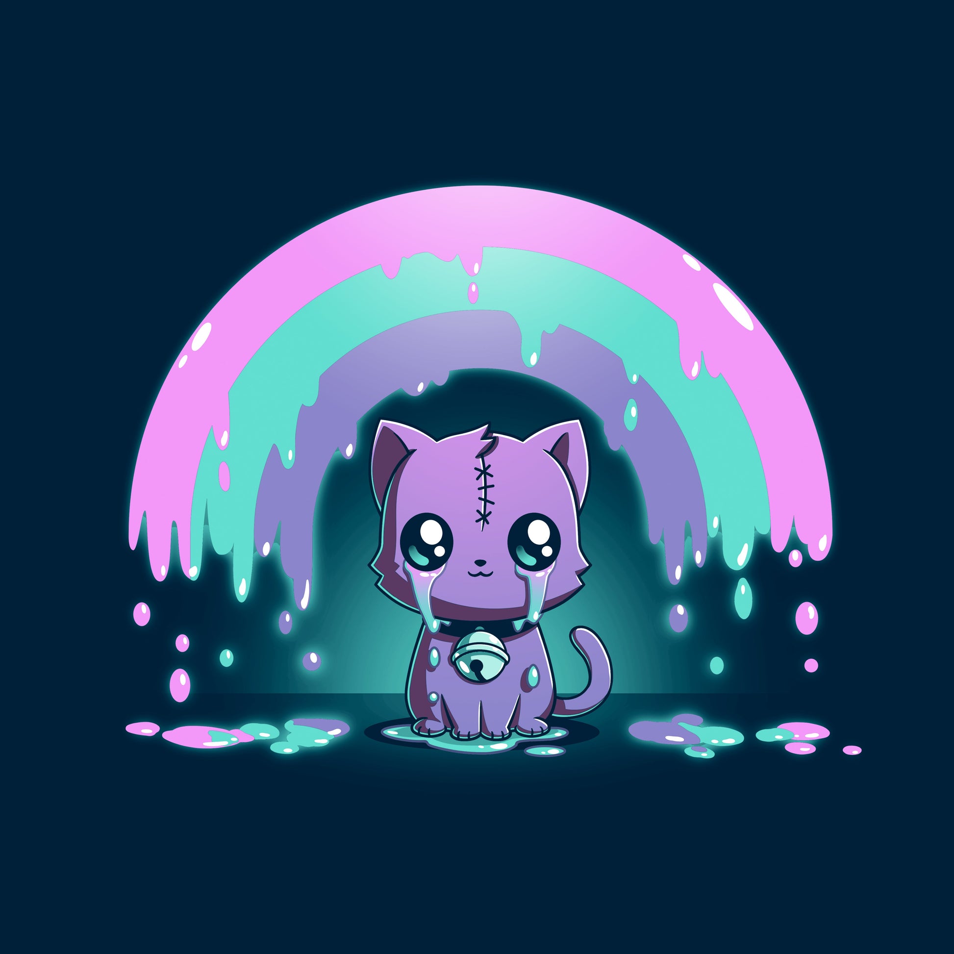 Long Sleeve T-shirt_TeeTurtle Rainbow Crying Cat navy blue t-shirt featuring a cute purple cat with large eyes and a spooky stitched forehead, sitting under a dripping pink, green, and purple rainbow.