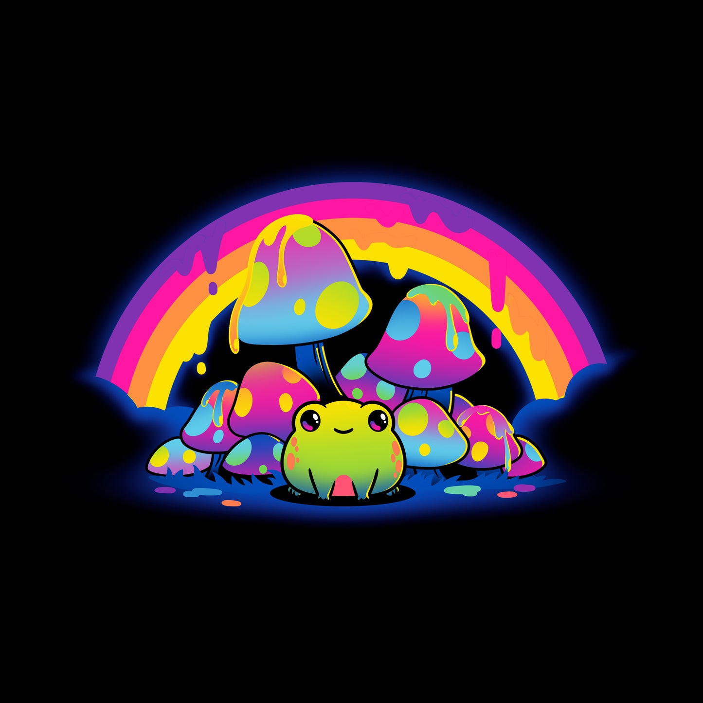 Classic Cotton T-shirt_TeeTurtle Rainbow Drip black t-shirt featuring a smiling frog sitting among colorful, spotted mushrooms with a dripping rainbow arching overhead.