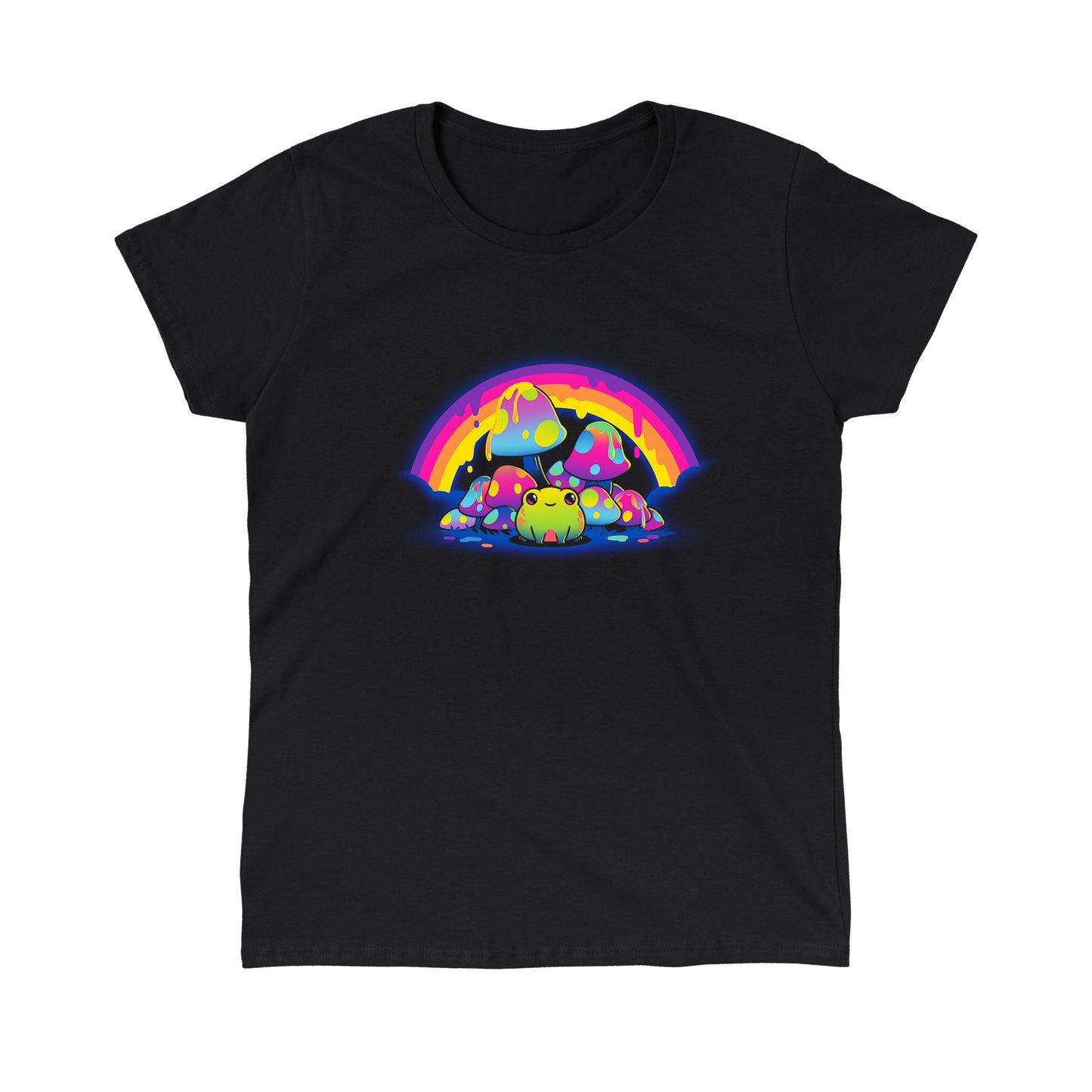 Classic Cotton T-shirt_TeeTurtle Rainbow Drip black t-shirt featuring a smiling frog sitting among colorful, spotted mushrooms with a dripping rainbow arching overhead.