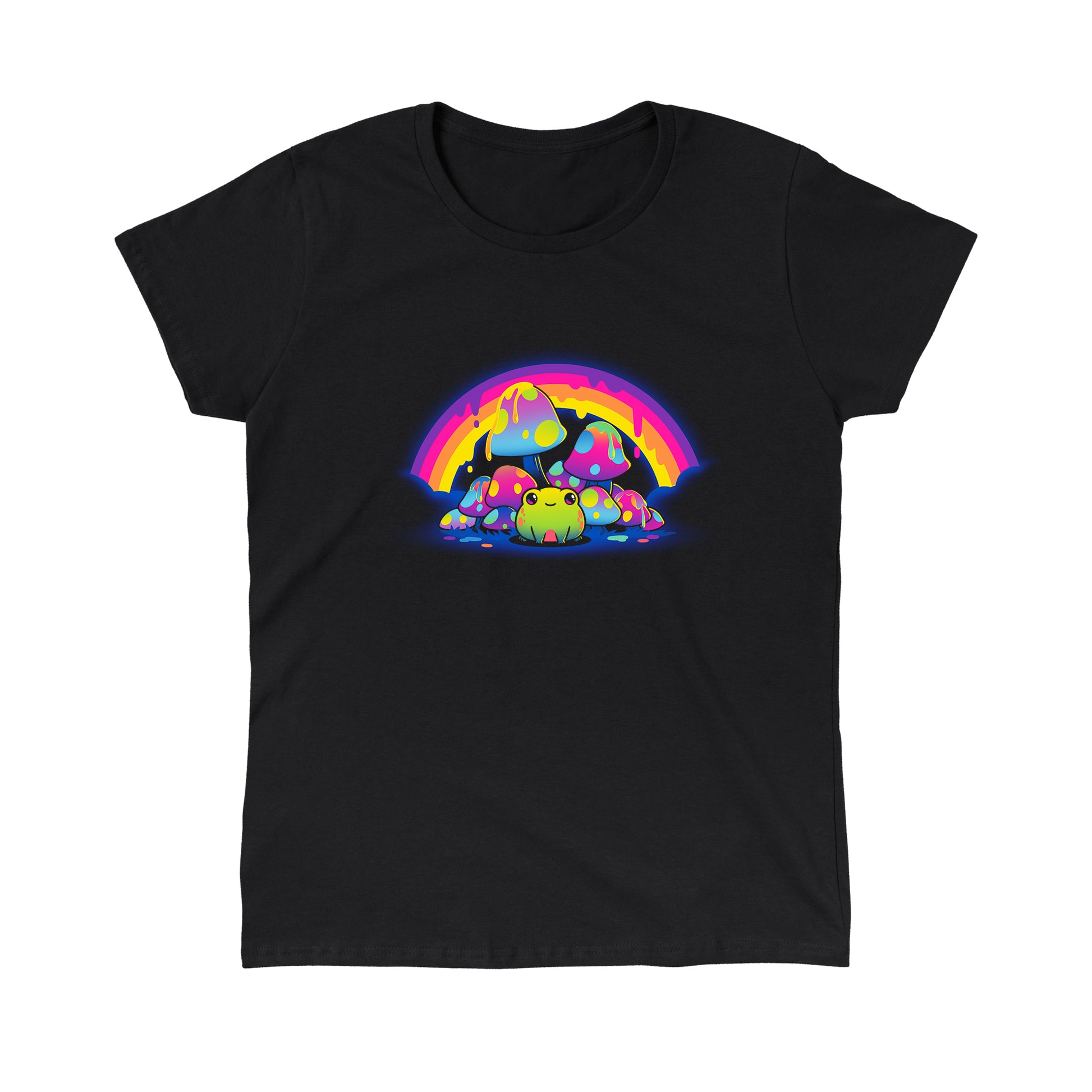 Classic Cotton T-shirt_TeeTurtle Rainbow Drip black t-shirt featuring a smiling frog sitting among colorful, spotted mushrooms with a dripping rainbow arching overhead.