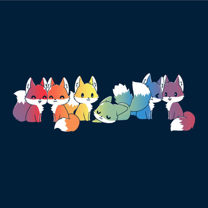 Classic Cotton T-shirt_Illustration of seven cartoon foxes in a line, each in a different color: red, orange, yellow, green, blue, indigo, and purple against a dark background on a Navy Blue apparel from monsterdigital's Rainbow Foxes collection.