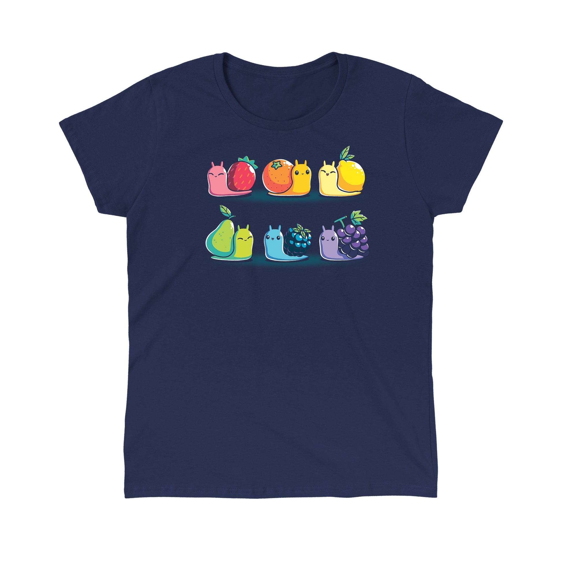 Classic Cotton T-shirt_TeeTurtle Rainbow Fruit Snails navy blue t-shirt featuring six colorful rainbow fruit snails with fruit shells: strawberry, orange, lemon, pear, blackberry, and grape.