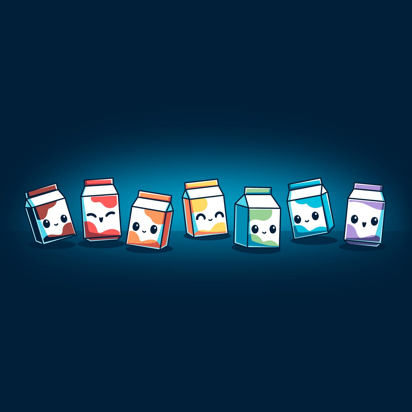 Crew Neck Sweatshirt_TeeTurtle navy blue rainbow milk featuring A row of six milk cartons, each with a different facial expression and color.
