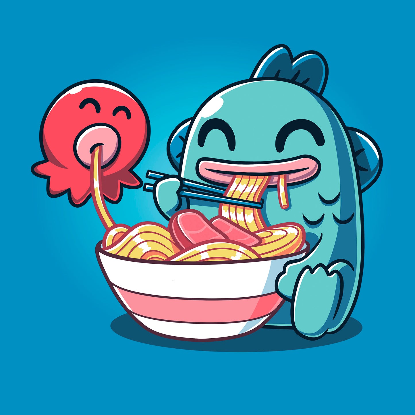 Classic Cotton T-shirt_TeeTurtle sapphire blue Ramen Hangyodon apparel featuring the Sanrio characters  Hangyodon and Sayuri eating a large bowl of ramen.