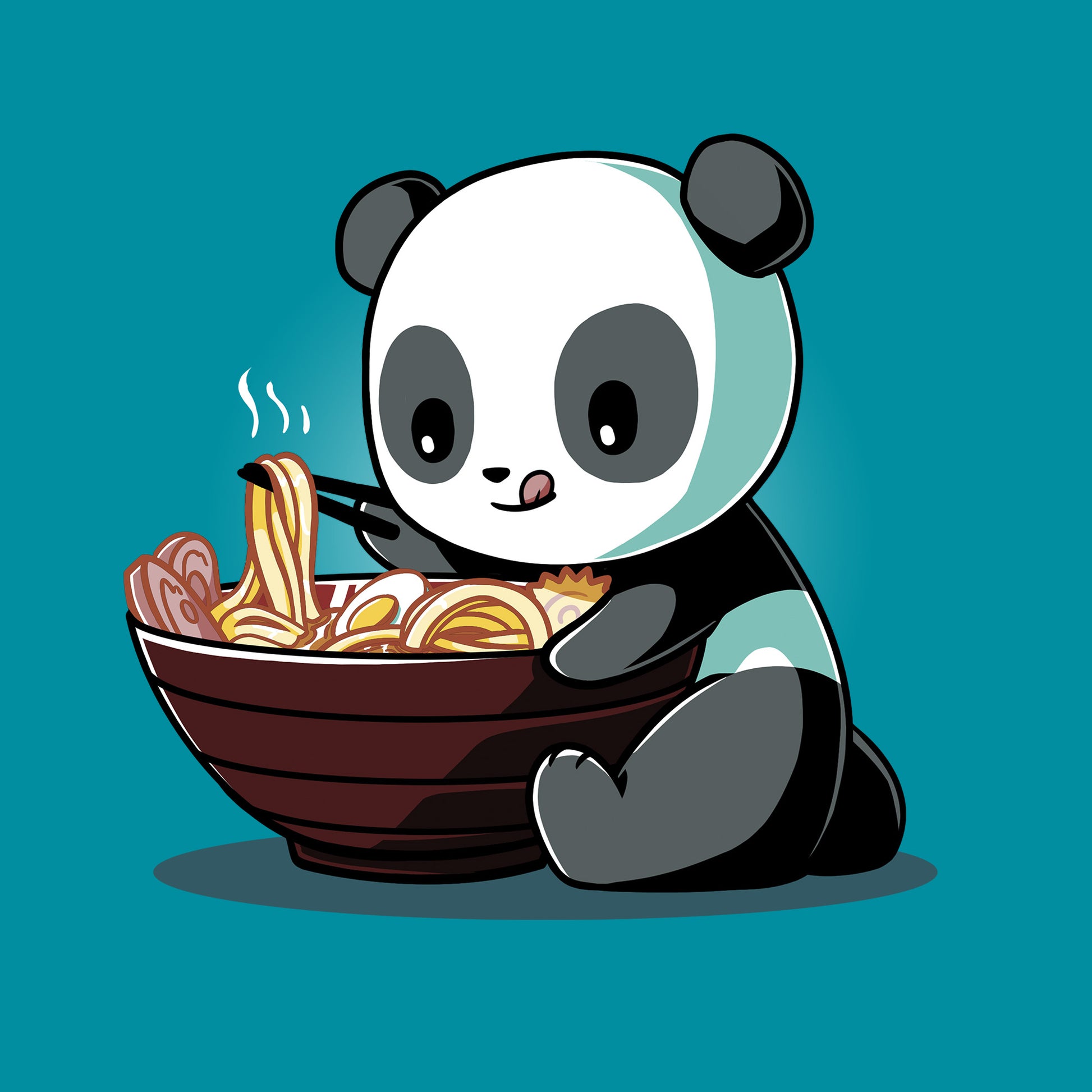 Classic Cotton T-shirt - Illustration of a Ramen Panda eating noodles from a large bowl with chopsticks in its right hand, set against a teal background on a Caribbean Blue apparel by monsterdigital.