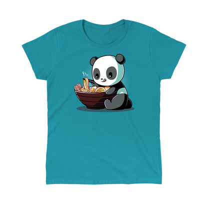 Classic Cotton T-shirt - Illustration of a Ramen Panda eating noodles from a large bowl with chopsticks in its right hand, set against a teal background on a Caribbean Blue apparel by monsterdigital.