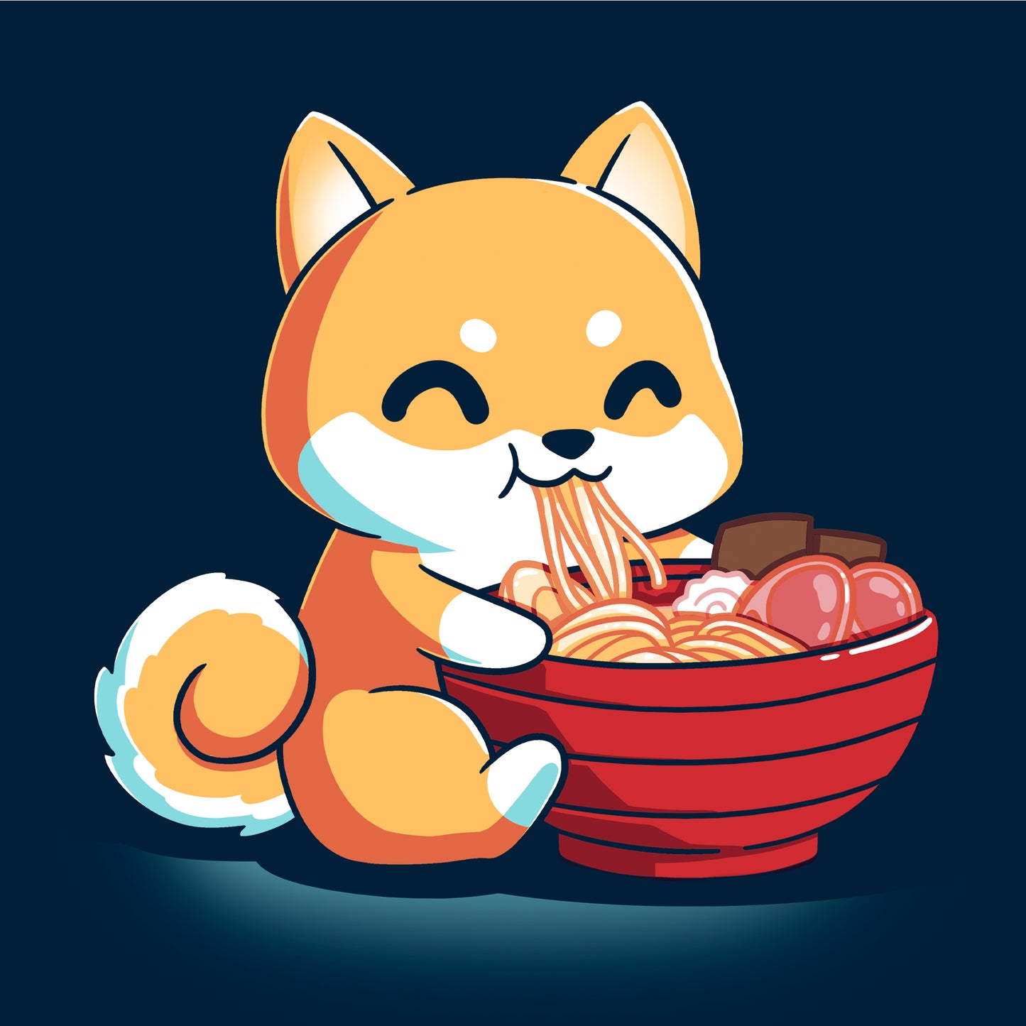 Crew Neck Sweatshirt_The Ramen Shiba design from monsterdigital features a cute cartoon Shiba Inu dog happily eating a large bowl of ramen noodles with various toppings, all printed on a super soft ringspun cotton navy blue apparel. The dark background adds an extra charm to this cozy and stylish tee.