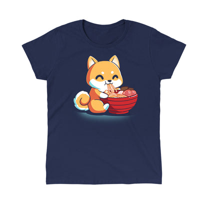 Classic Cotton T-shirt_The Ramen Shiba design from monsterdigital features a cute cartoon Shiba Inu dog happily eating a large bowl of ramen noodles with various toppings, all printed on a super soft ringspun cotton navy blue apparel. The dark background adds an extra charm to this cozy and stylish tee.