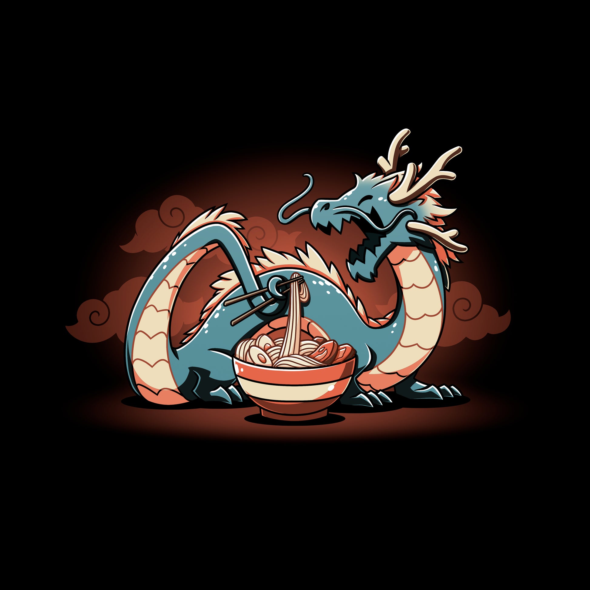 Classic Cotton T-shirt_TeeTurtle Ramen Dragon black t-shirt featuring a food loving dragon with chopsticks who eats noodles from a bowl, set against a dark background with swirling clouds.