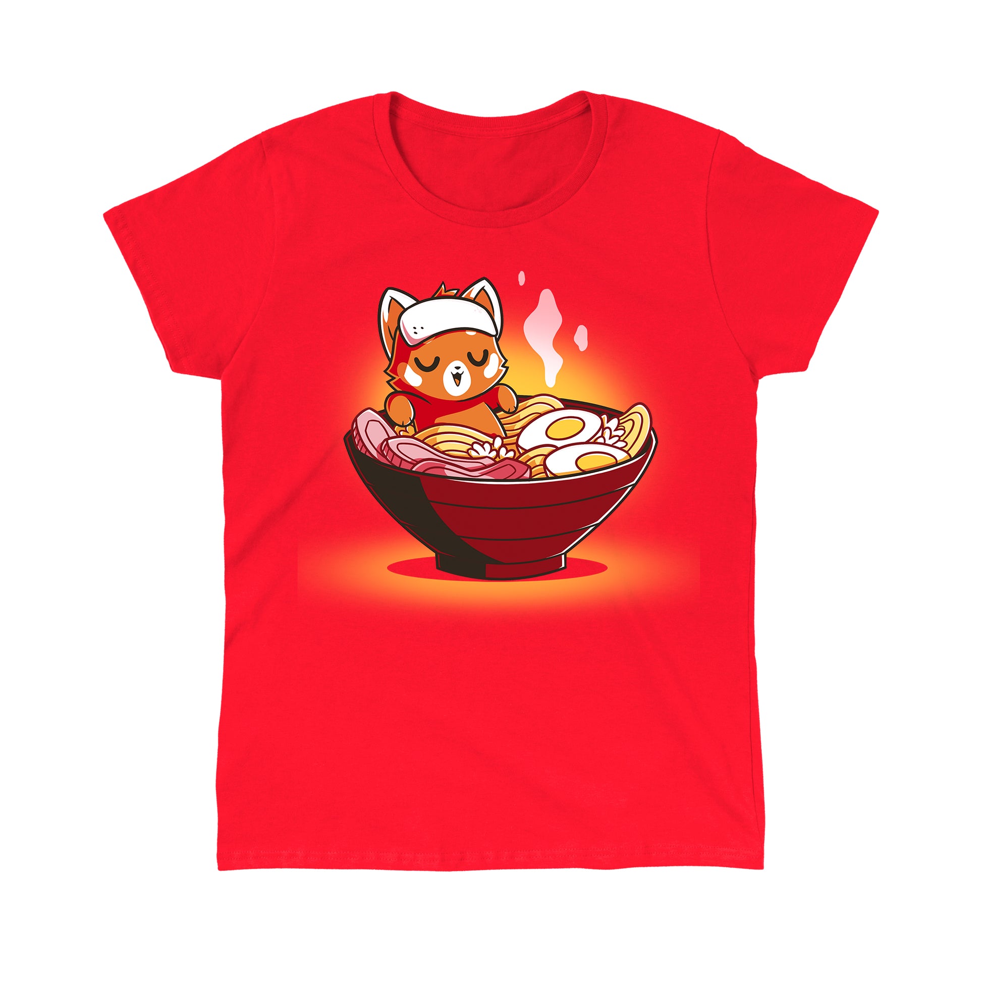 Classic Cotton T-shirt_TeeTurtle Ramen Red Panda red t-shirt featuring a relaxed red panda in a bowl of steaming ramen.