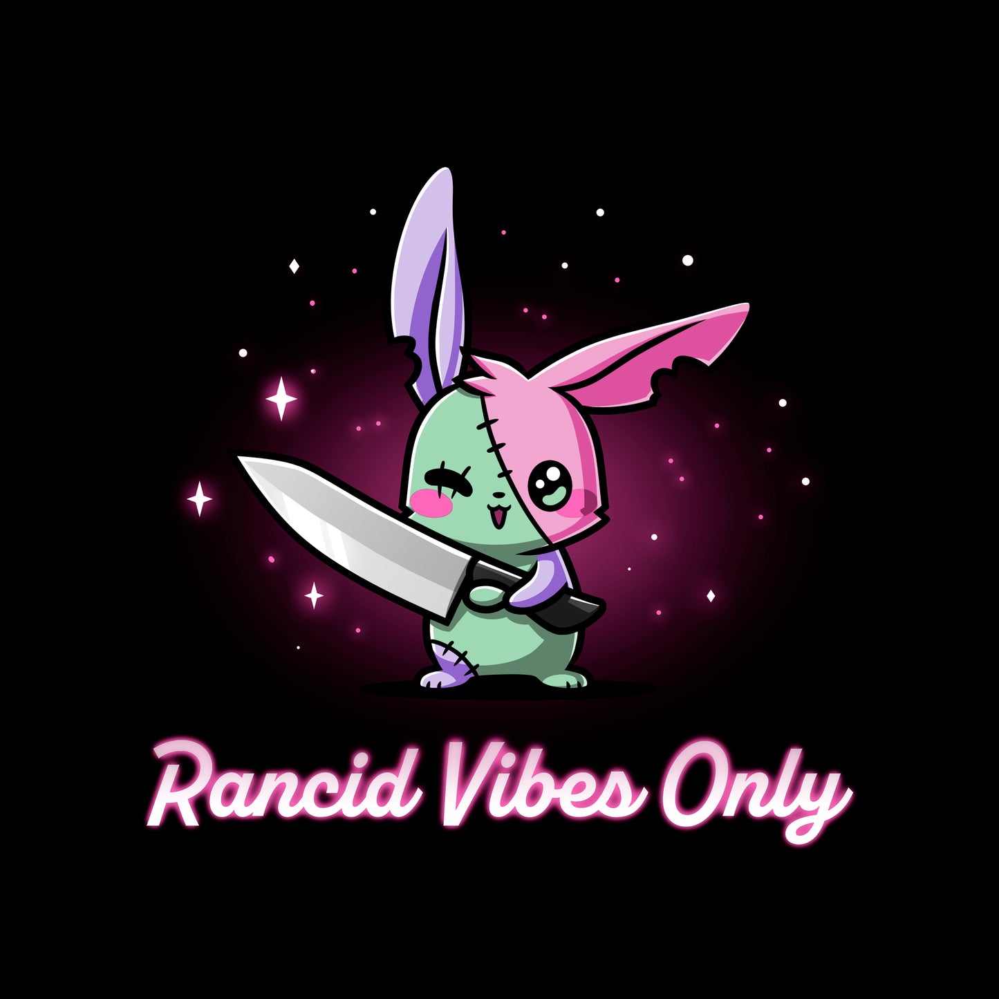 Classic Cotton T-shirt_TeeTurtle black Rancid Vibes Only. Featuring a patchwork bunny holding a large knife.