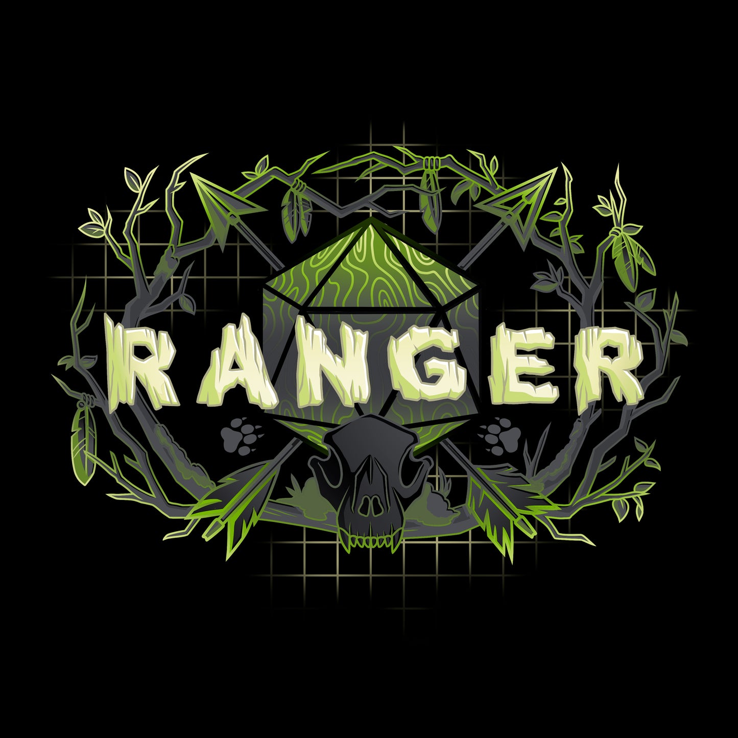 Classic Cotton T-shirt_TeeTurtle black Ranger Class apparel featuring the word 'RANGER' with a D20, arrows, an animal skull, and branches around it.