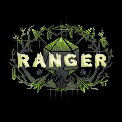 Classic Cotton T-shirt_TeeTurtle black Ranger Class apparel featuring the word 'RANGER' with a D20, arrows, an animal skull, and branches around it.