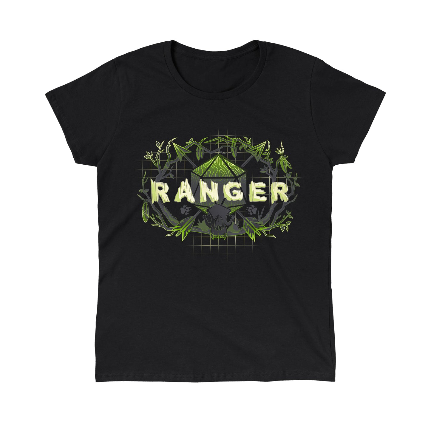 Classic Cotton T-shirt_TeeTurtle Ranger Class black t-shirt featuring an artistic "Ranger" word in front of a D20 dice with arrows going through and trees around it.