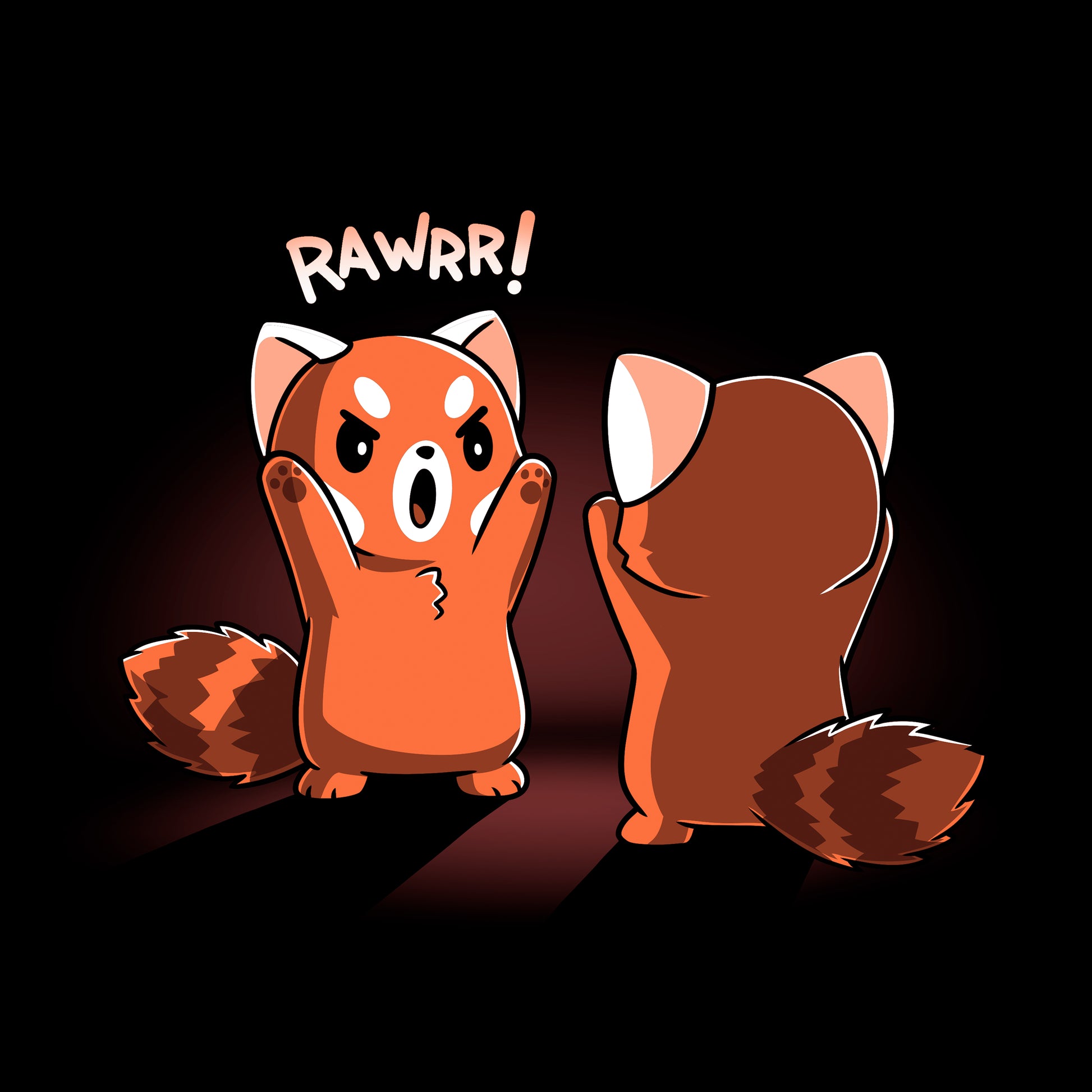 Classic Cotton T-shirt_TeeTurtle Rawrr! black t-shirt featuring red pandas standing facing each other, with one raising its paws and saying "RAWRR!" in a playful manner. 