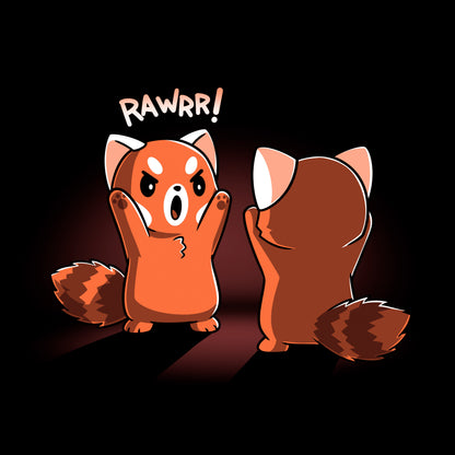 Classic Cotton T-shirt_TeeTurtle Rawrr! black t-shirt featuring red pandas standing facing each other, with one raising its paws and saying "RAWRR!" in a playful manner. 