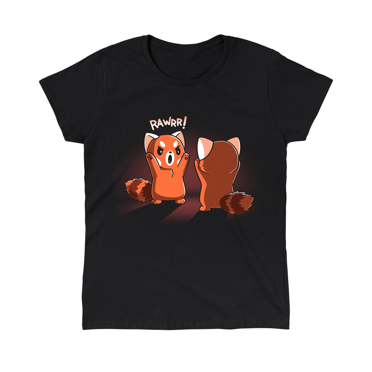 Classic Cotton T-shirt_TeeTurtle Rawrr! black t-shirt featuring red pandas standing facing each other, with one raising its paws and saying "RAWRR!" in a playful manner. 