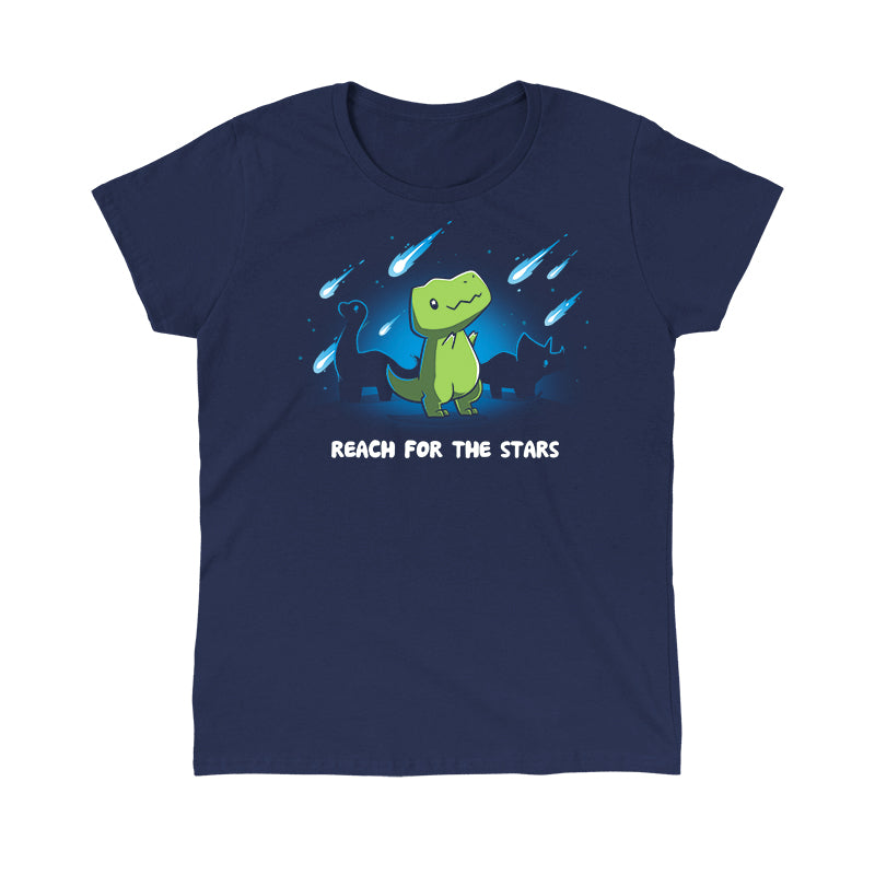 Classic Cotton T-shirt_TeeTurtle Reach For The Stars (T-Rex) Navy Blue t-shirt featuring a dinosaur under a night sky with comets