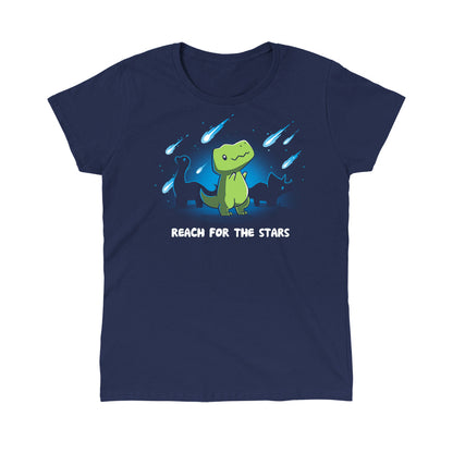 Classic Cotton T-shirt_TeeTurtle Reach For The Stars (T-Rex) Navy Blue t-shirt featuring a dinosaur under a night sky with comets