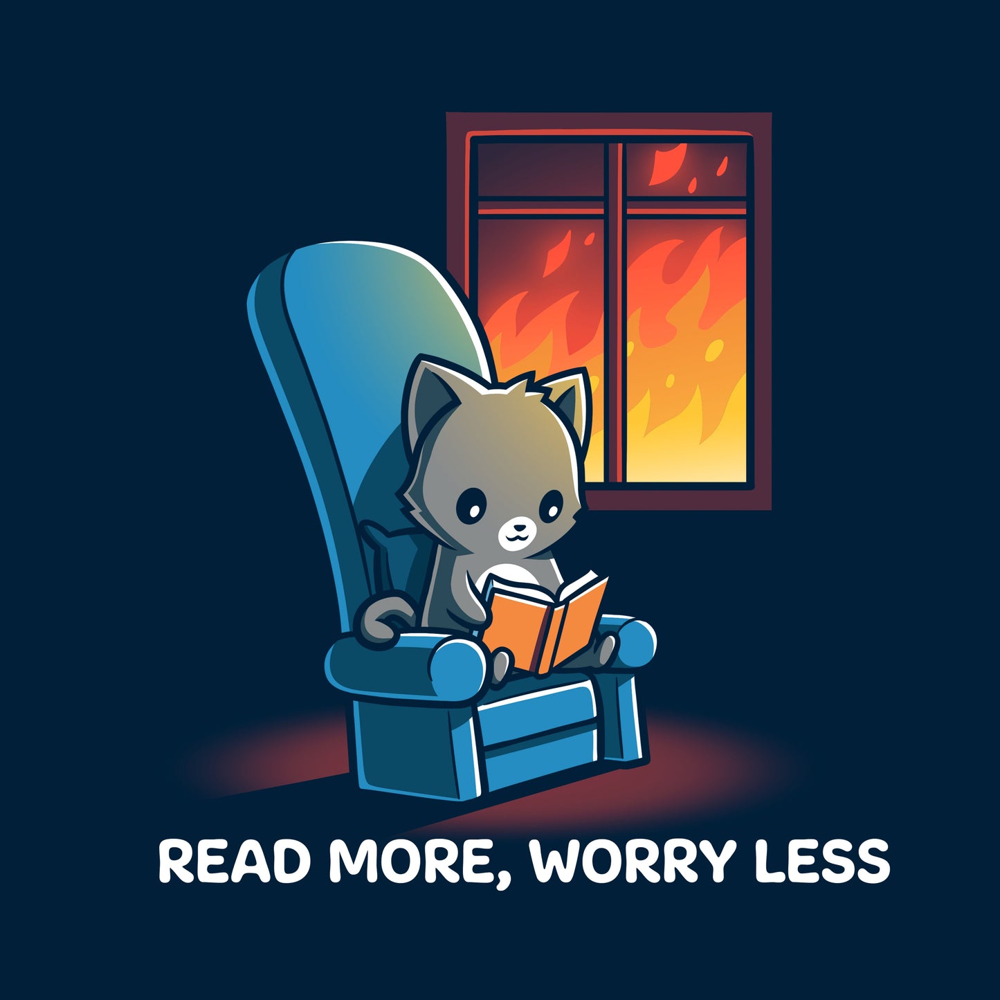 Pullover Hoodie_TeeTurtle navy blue Read More, Worry Less. Featuring a cat reading indoors while the world outside is on fire.