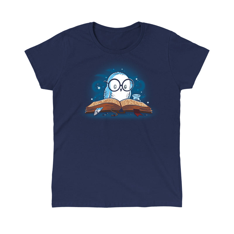 Classic Cotton T-shirt_TeeTurtle navy blue Reading is Magical. Featuring a white owl reading a book.