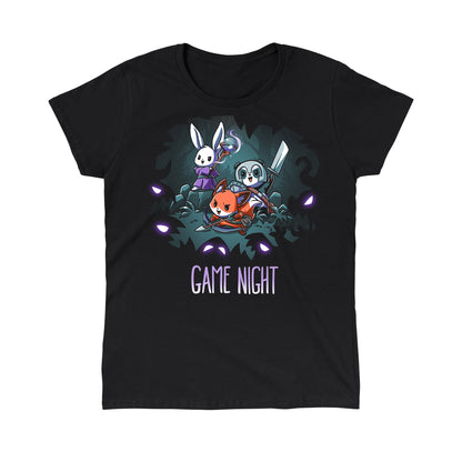 Classic Cotton T-shirt_TeeTurtle Ready for Game Night black t-shirt featuring a rabbit, panda, and fox in fantasy costumes, holding a staff, sword, and arrow respectively, surrounded by glowing eyes in the dark forest. Text at the bottom reads "Game Night". 