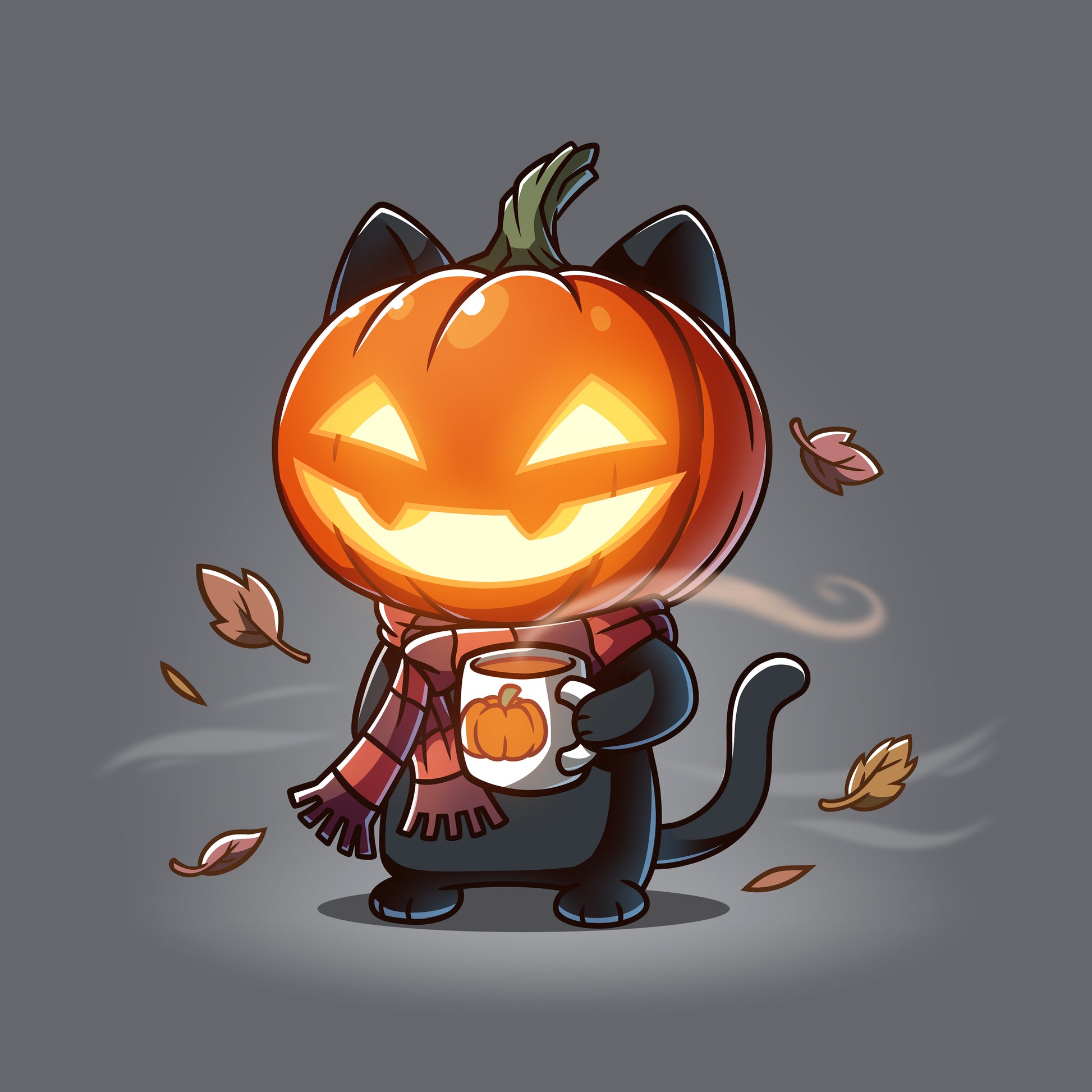 Classic Cotton T-shirt_TeeTurtle charcoal gray Ready for Fall featuring a cat wearing a scarf, pumpkin, and holding a cup of coffee.