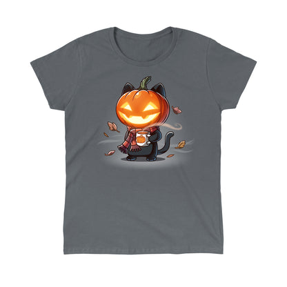 Classic Cotton T-shirt_TeeTurtle charcoal gray Ready for Fall featuring a cat wearing a scarf, pumpkin, and holding a cup of coffee.