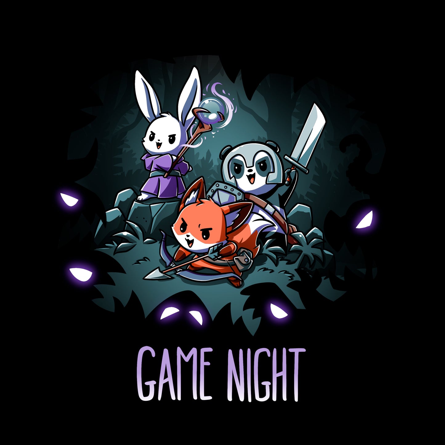 Classic Cotton T-shirt_TeeTurtle Ready for Game Night black t-shirt featuring a rabbit, panda, and fox in fantasy costumes, holding a staff, sword, and arrow respectively, surrounded by glowing eyes in the dark forest. Text at the bottom reads "Game Night". 