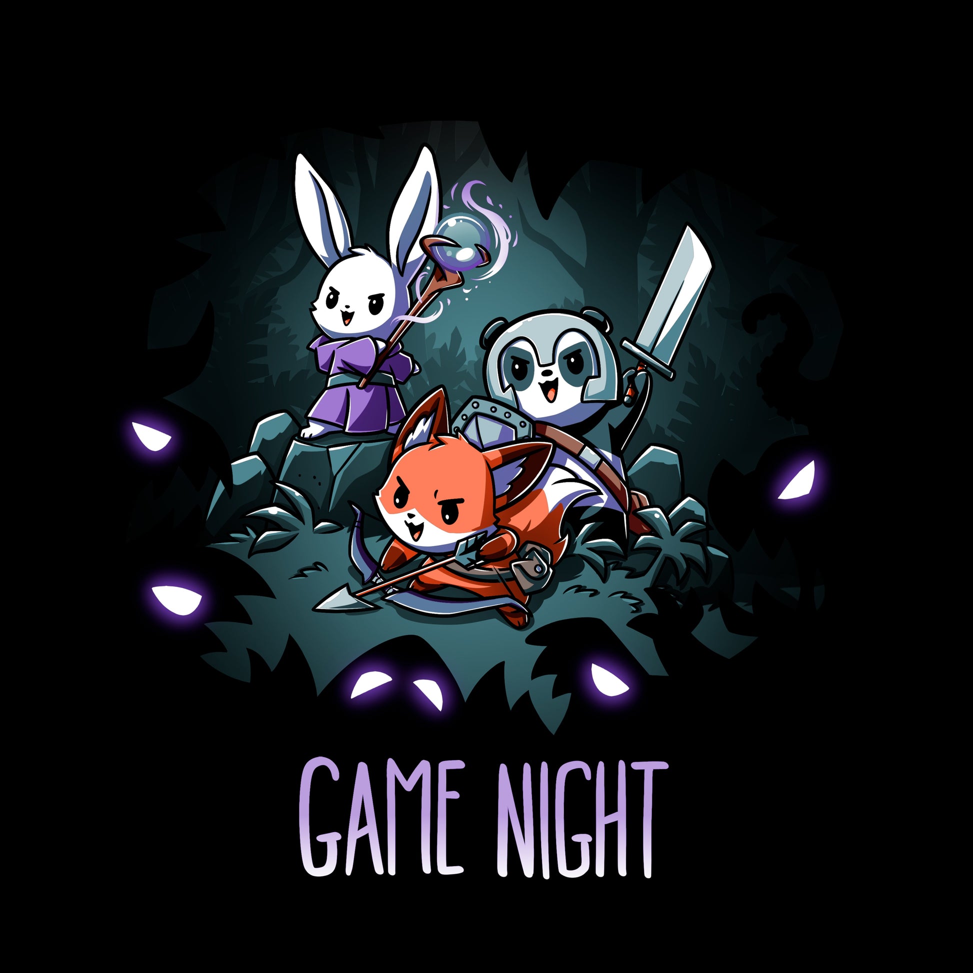 Classic Cotton T-shirt_TeeTurtle Ready for Game Night black t-shirt featuring a rabbit, panda, and fox in fantasy costumes, holding a staff, sword, and arrow respectively, surrounded by glowing eyes in the dark forest. Text at the bottom reads "Game Night". 