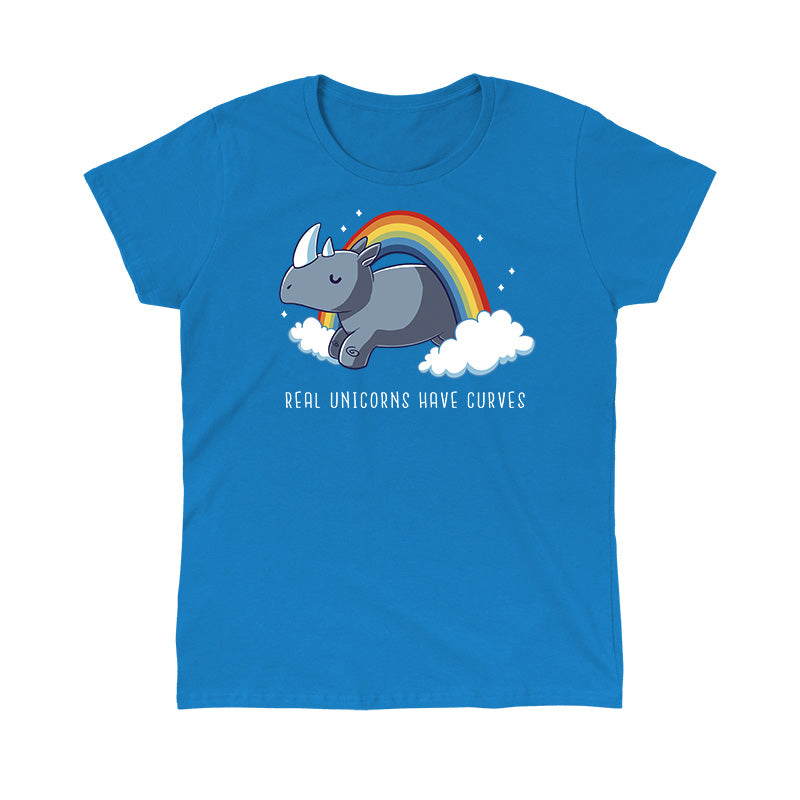 Classic Cotton T-shirt_TeeTurtle sapphire blue Real Unicorns Have Curves. Featuring a rhinoceros jumping through a rainbow arc.