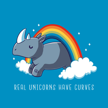 Classic Cotton T-shirt_TeeTurtle sapphire blue Real Unicorns Have Curves. Featuring a rhinoceros jumping through a rainbow arc.