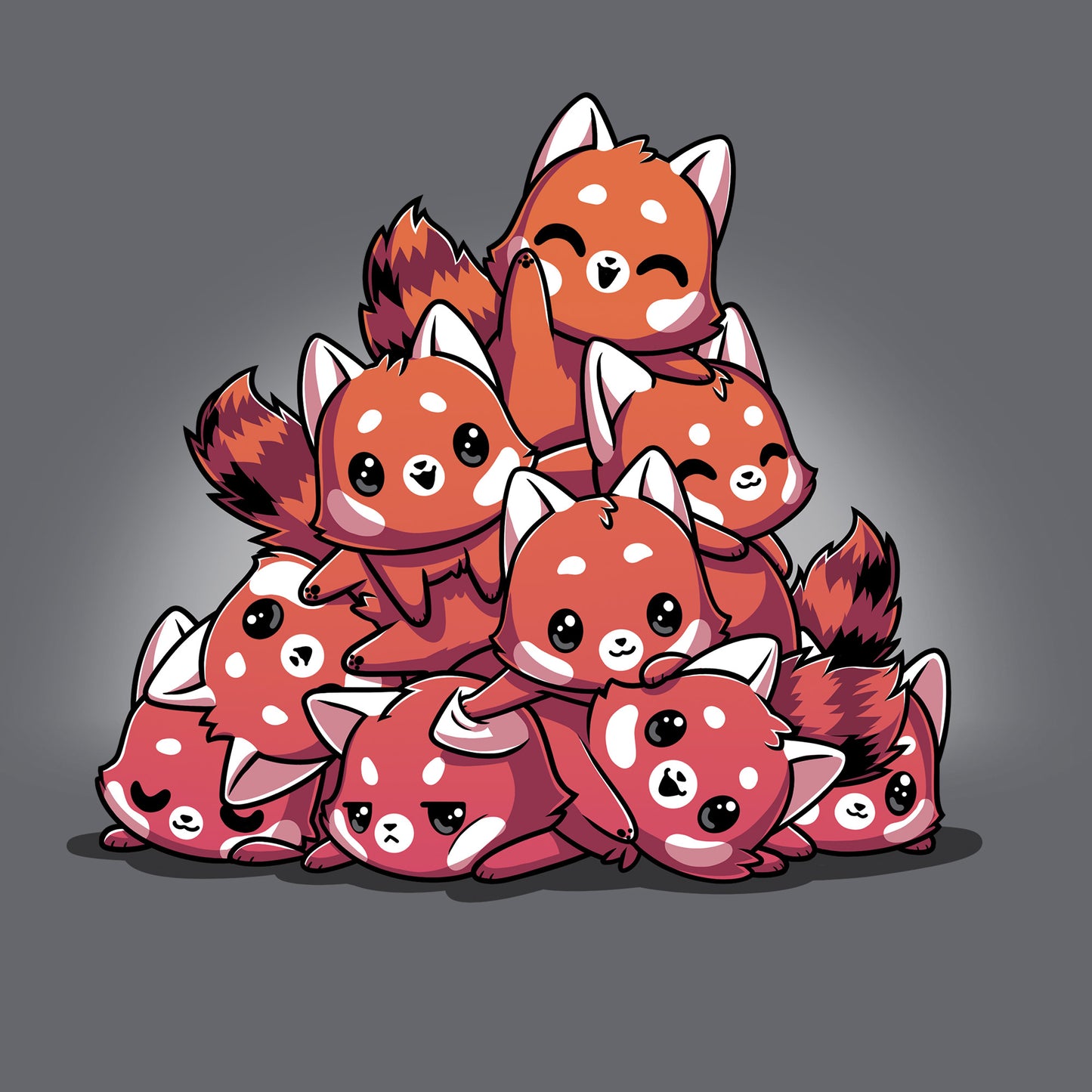 Classic Cotton T-shirt_TeeTurtle Red Panda Pile Charcoal Gray t-shirt featuring a pile of 9 red pandas of looking playful with one on top waving a paw and smiling.  