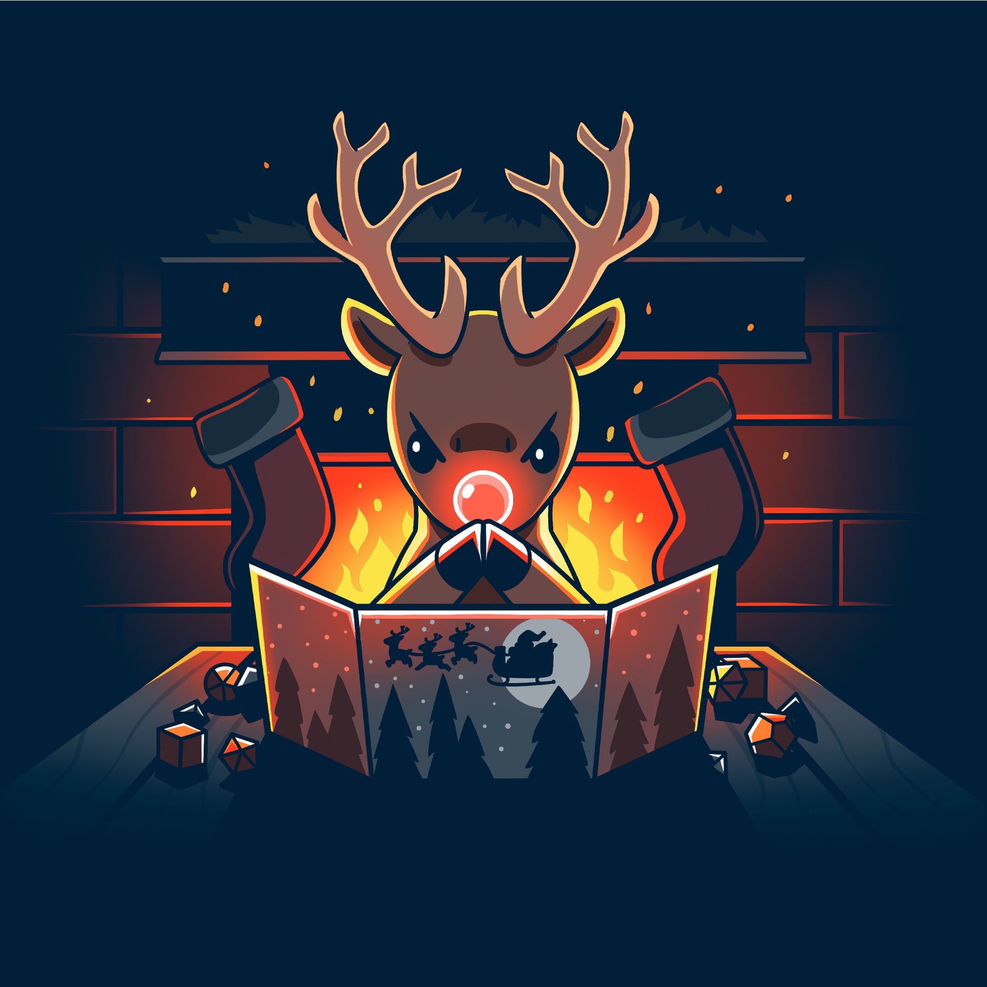 Long Sleeve T-shirt_TeeTurtle Reindeer Game Master navy blue t-shirt featuring a reindeer in a tabletop game christmas scene. The reindeer glowing red nose debating their next game move with dice around the table, in front of a bright fire and stockings hung on the chimney. 