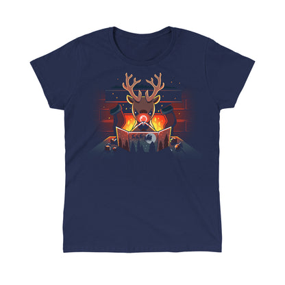 Classic Cotton T-shirt_TeeTurtle Reindeer Game Master navy blue t-shirt featuring a reindeer in a tabletop game christmas scene. The reindeer glowing red nose debating their next game move with dice around the table, in front of a bright fire and stockings hung on the chimney. 