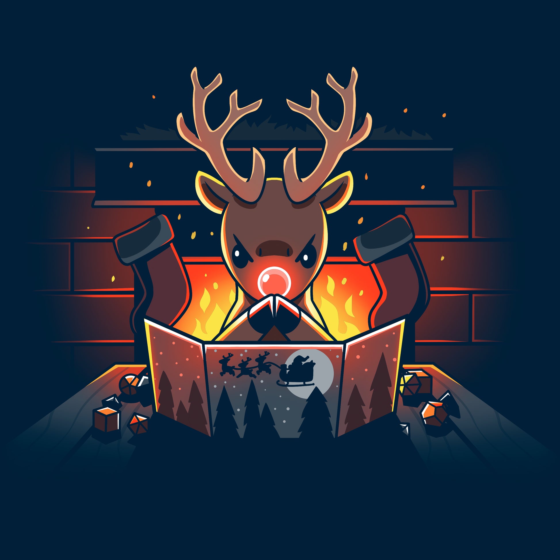 Classic Cotton T-shirt_TeeTurtle Reindeer Game Master navy blue t-shirt featuring a reindeer in a tabletop game christmas scene. The reindeer glowing red nose debating their next game move with dice around the table, in front of a bright fire and stockings hung on the chimney. 